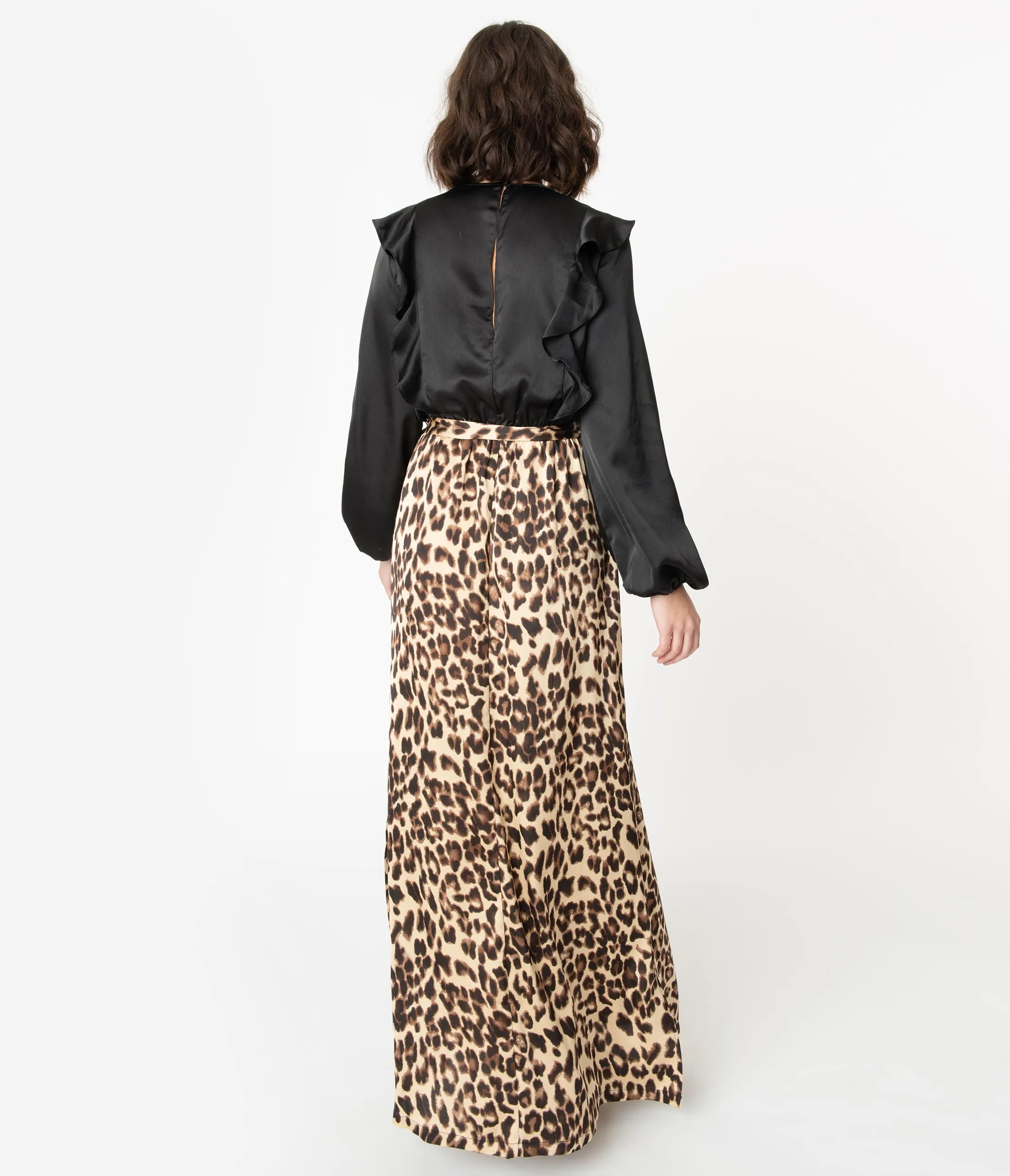 1970s Style Black & Leopard Ruffle Maxi Dress
