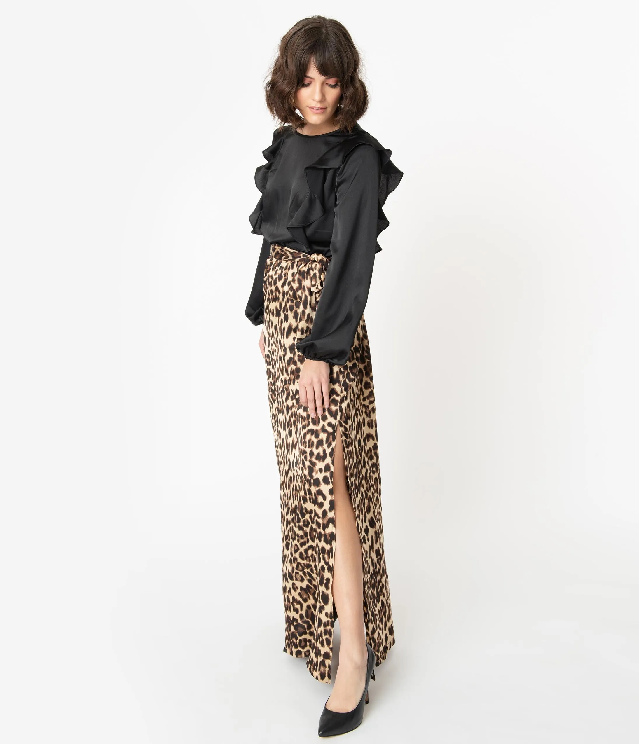 1970s Style Black & Leopard Ruffle Maxi Dress