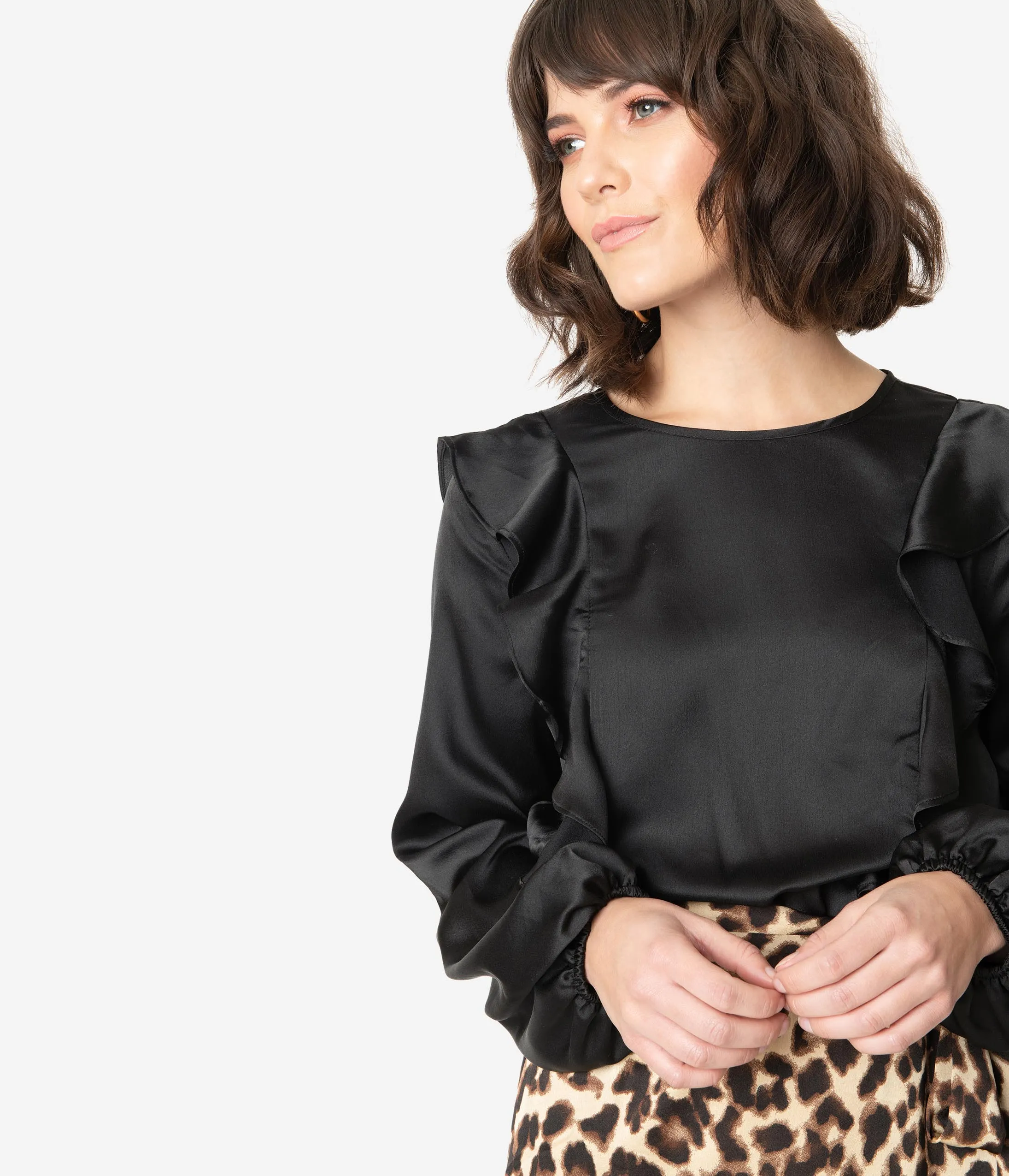1970s Style Black & Leopard Ruffle Maxi Dress
