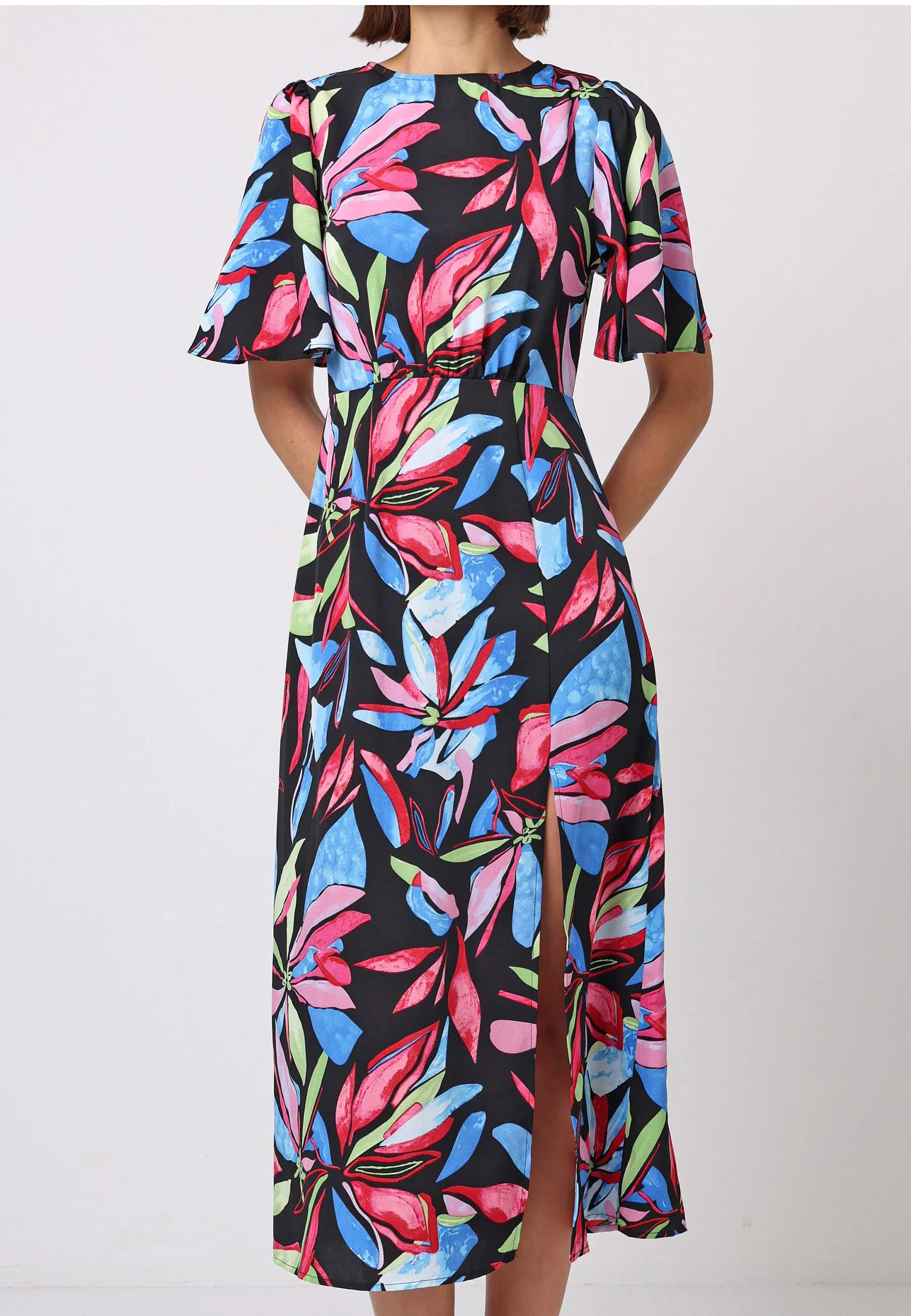 Angel Sleeves Midi Dress With Side Slit In Black Multi Print