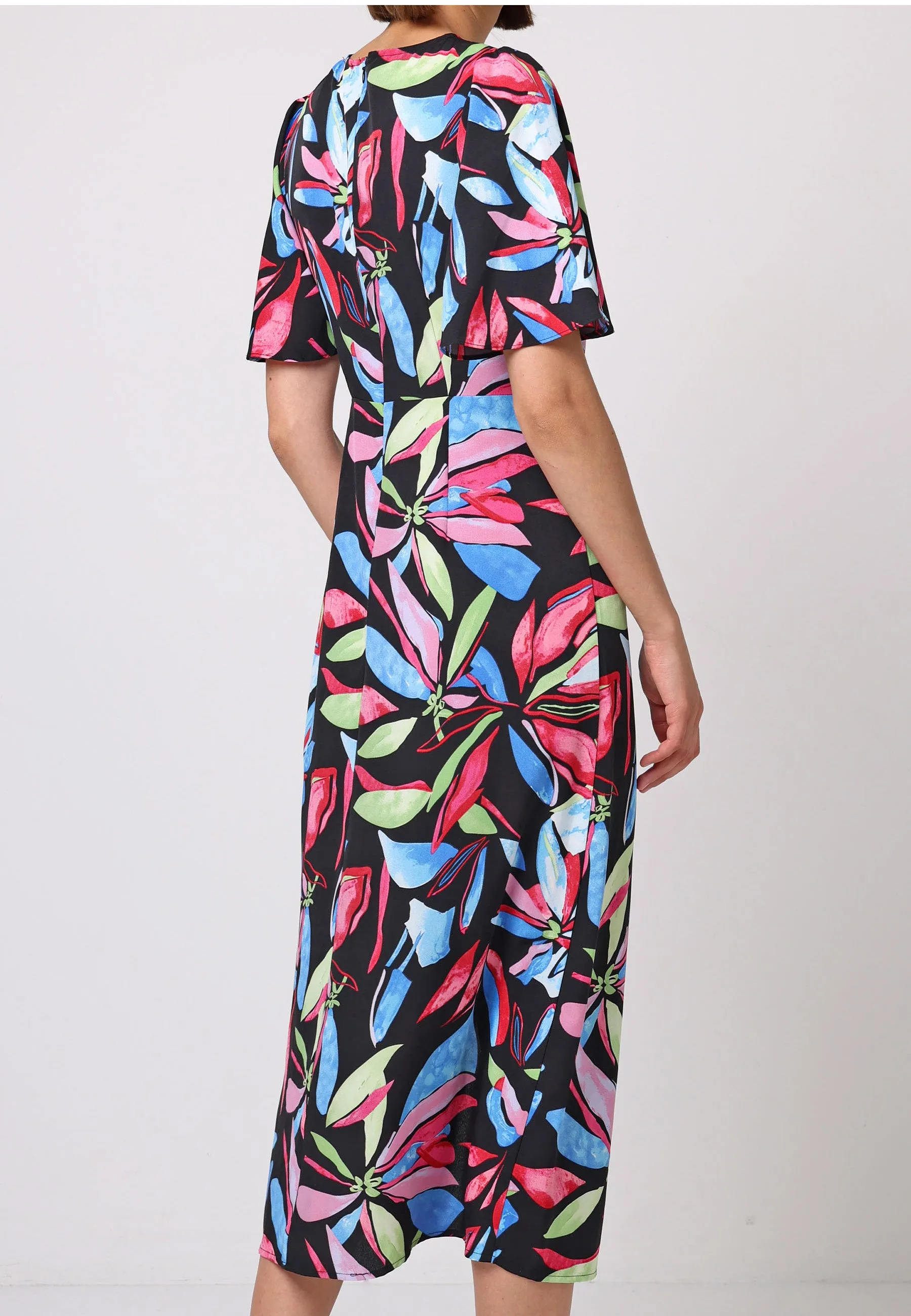 Angel Sleeves Midi Dress With Side Slit In Black Multi Print