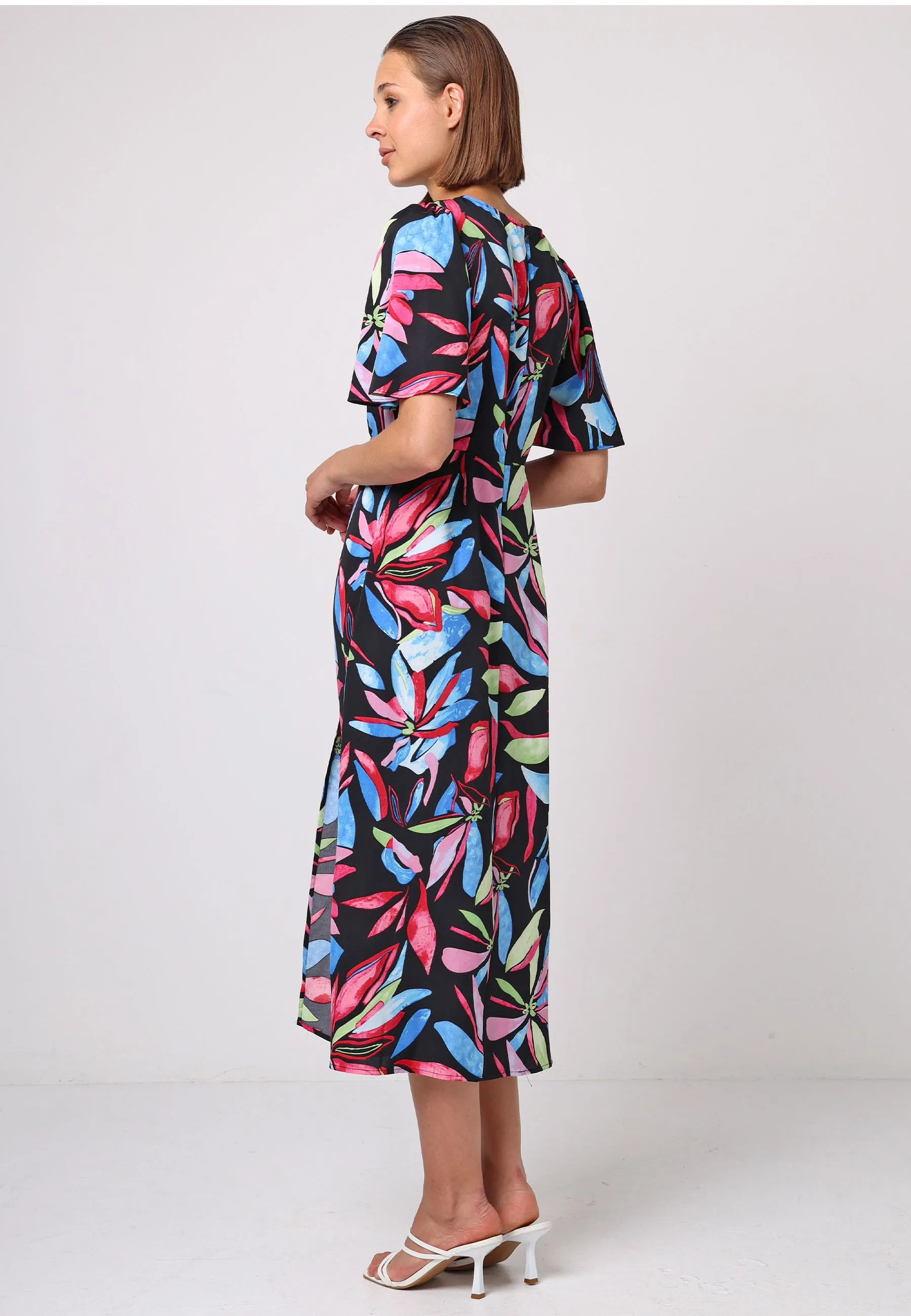Angel Sleeves Midi Dress With Side Slit In Black Multi Print