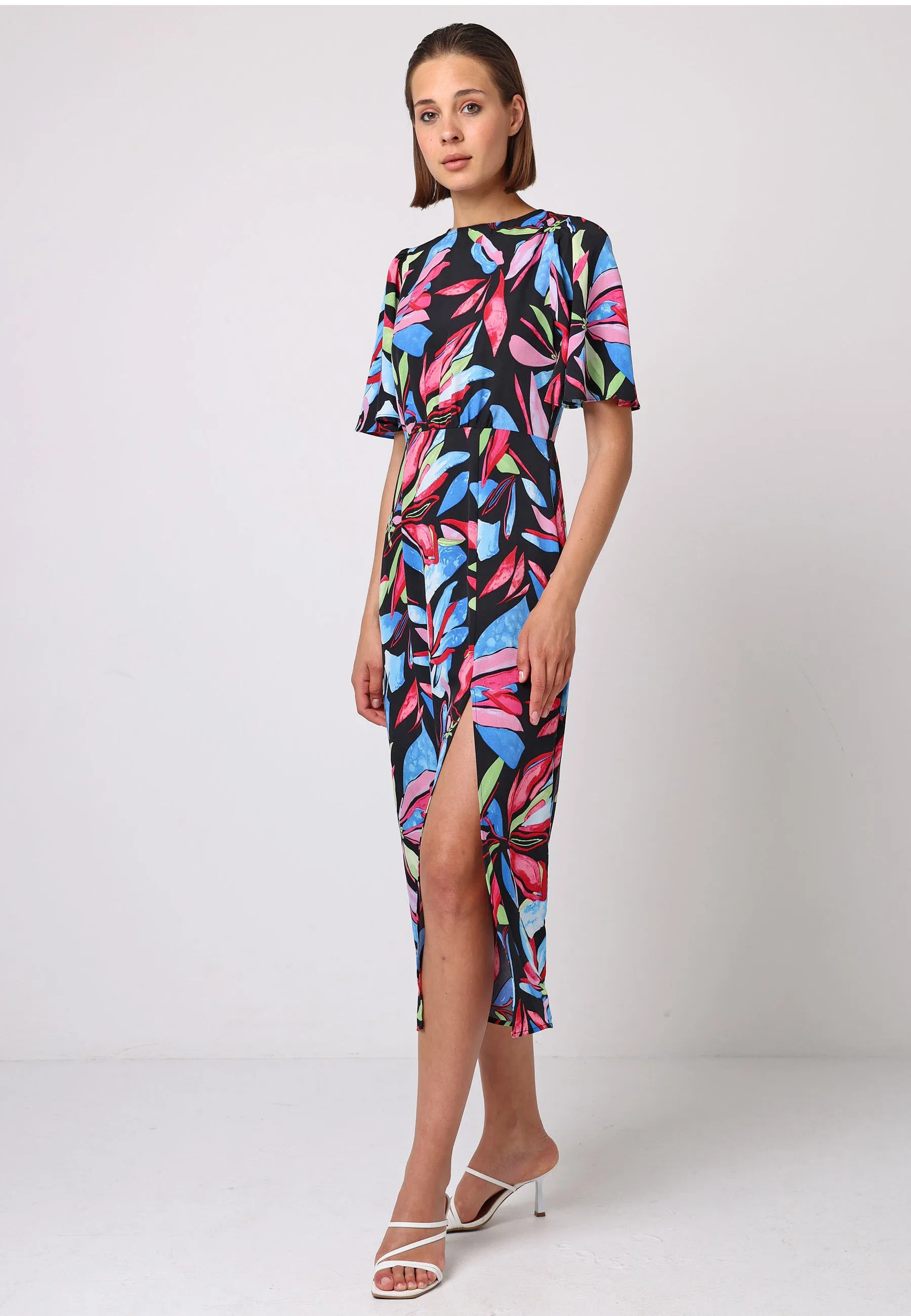 Angel Sleeves Midi Dress With Side Slit In Black Multi Print