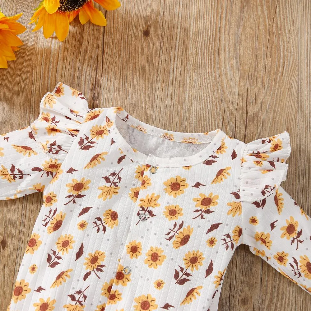 Autumn And Winter Girl Yellow Floral Flying Sleeve Jumpsuit Baby Girl Boutique Clothes In Bulk