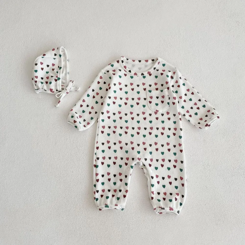 Autumn and Winter Unisex Baby Love Long-sleeved Jumpsuit   Hat Wholesale Baby Clothes