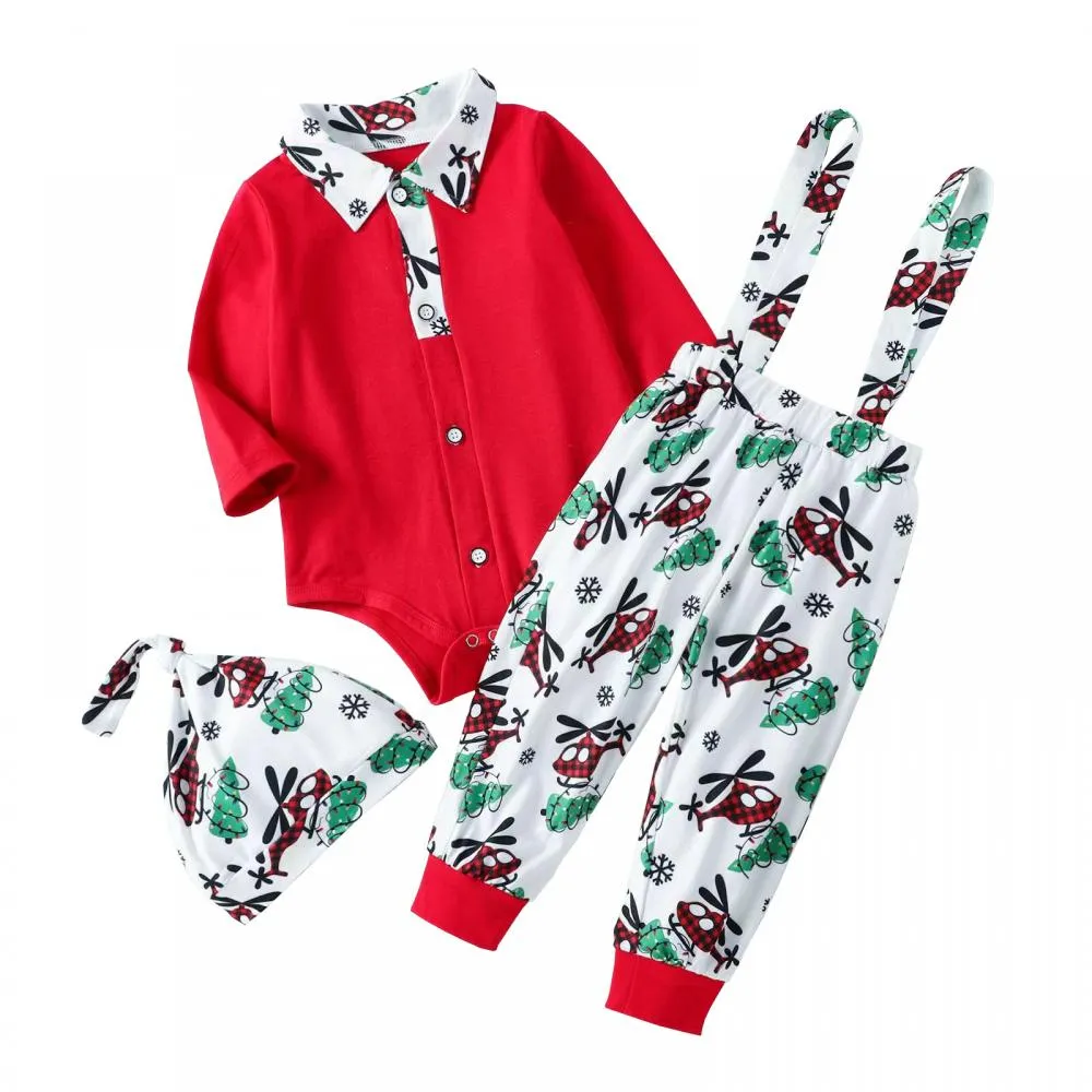 Autumn Boys Christmas Cartoon Airplane Print Bib Suit Wholesale Baby Boy Clothes