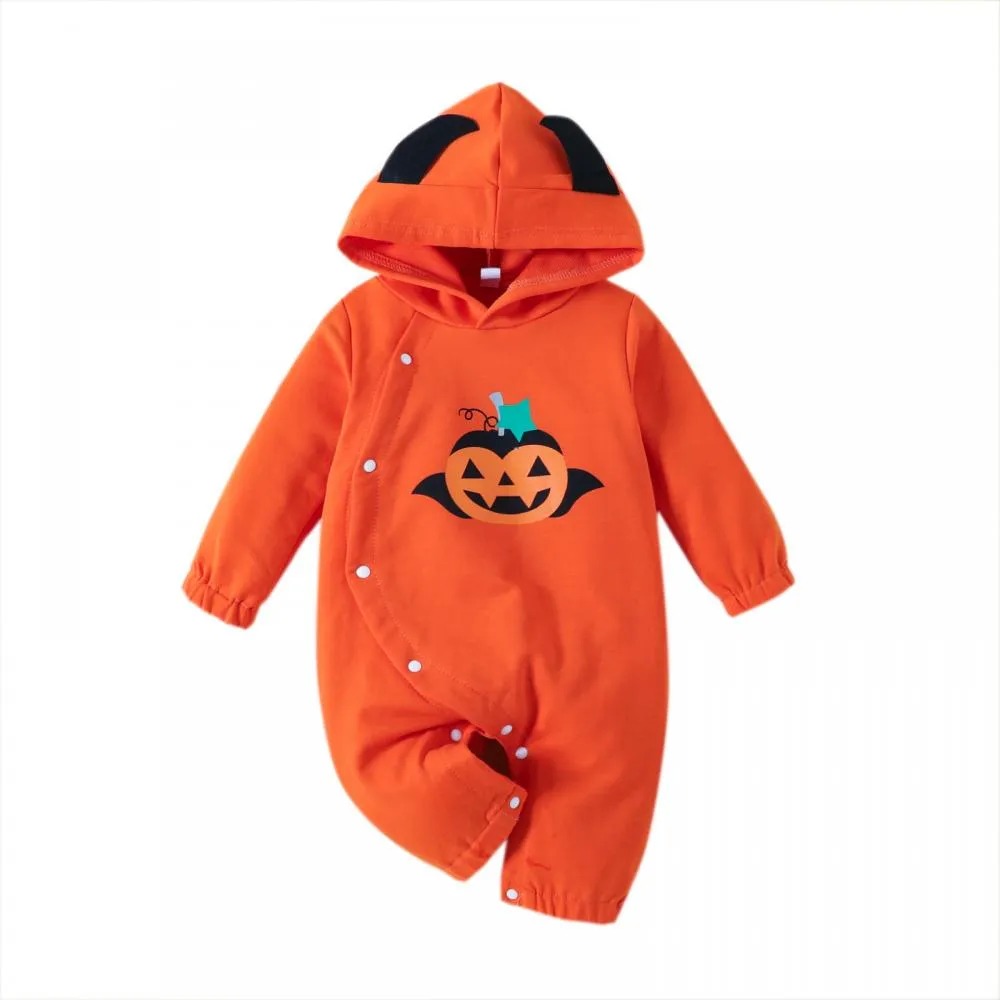 Autumn Halloween Kids Romper Print Hooded Jumpsuit Baby Boutique Clothes Wholesale