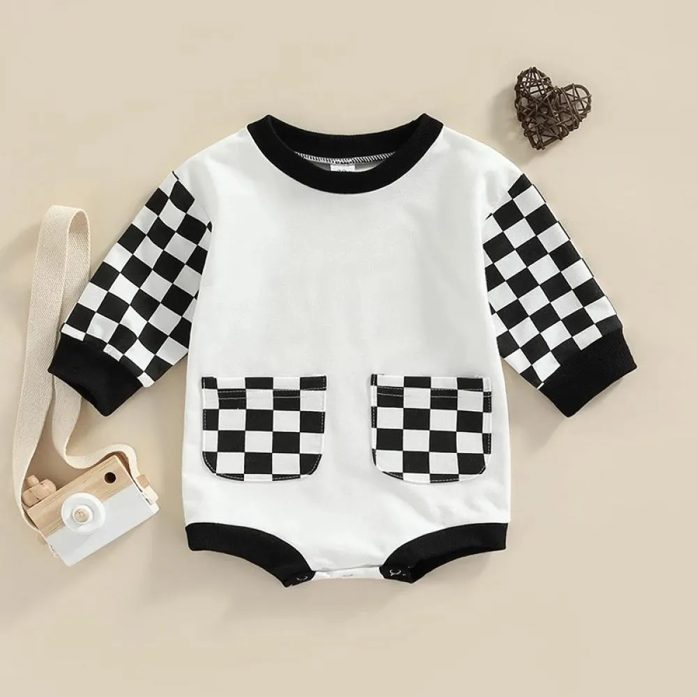 Autumn Plaid Pocket Colorblock Long Sleeve Jumpsuit Wholesale Baby Clothes