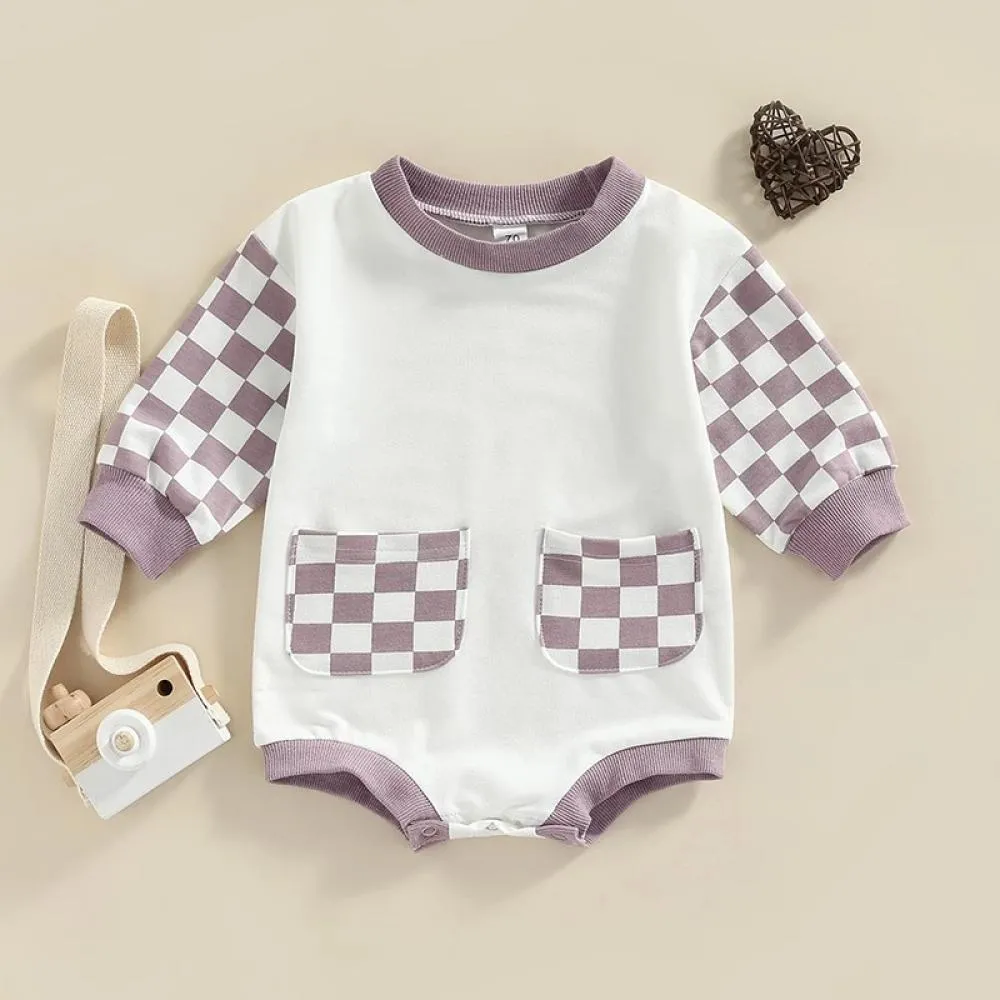 Autumn Plaid Pocket Colorblock Long Sleeve Jumpsuit Wholesale Baby Clothes