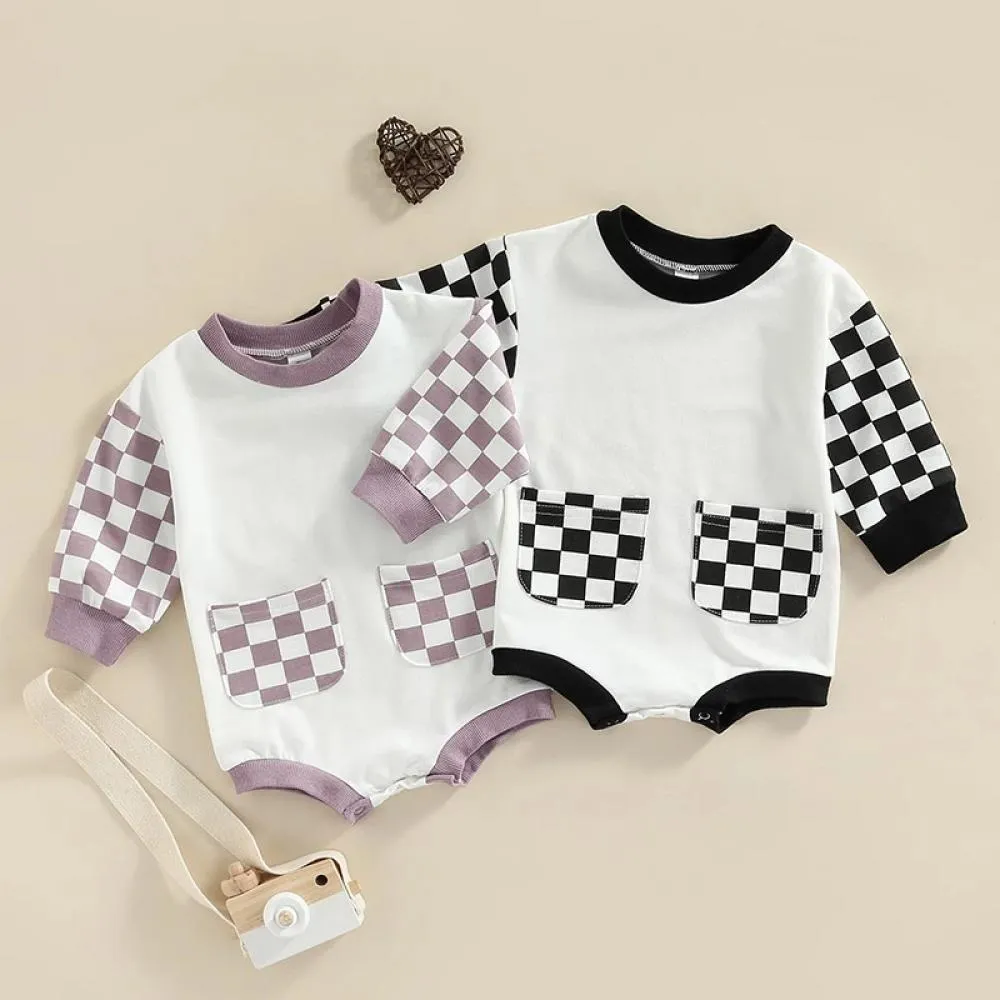 Autumn Plaid Pocket Colorblock Long Sleeve Jumpsuit Wholesale Baby Clothes