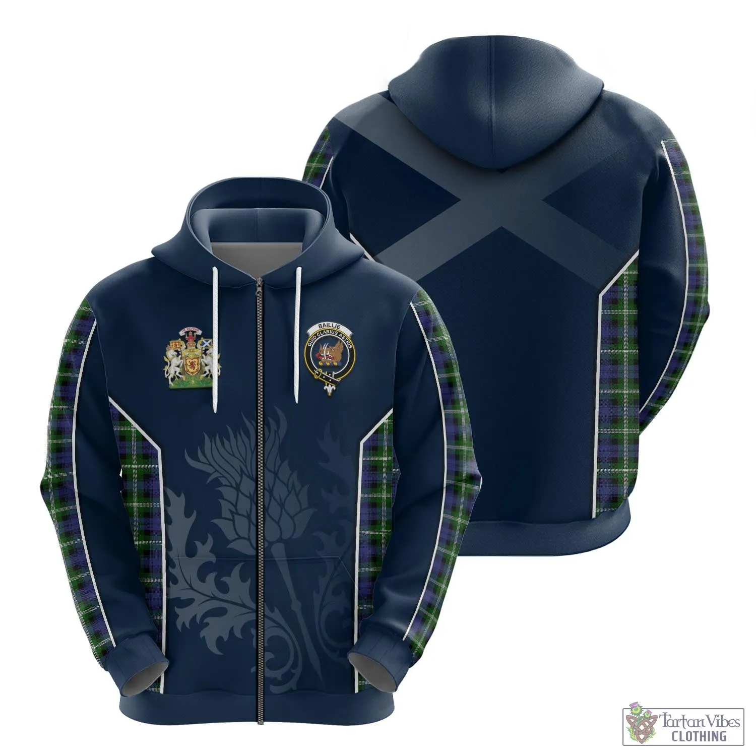 Baillie (Bailey) Tartan Hoodie with Family Crest and Scottish Thistle Vibes Sport Style