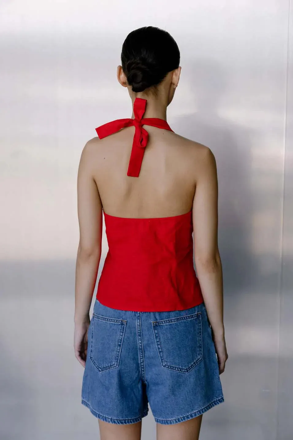 BISK THE LABEL RUE RED LINEN BLEND HALTER VEST