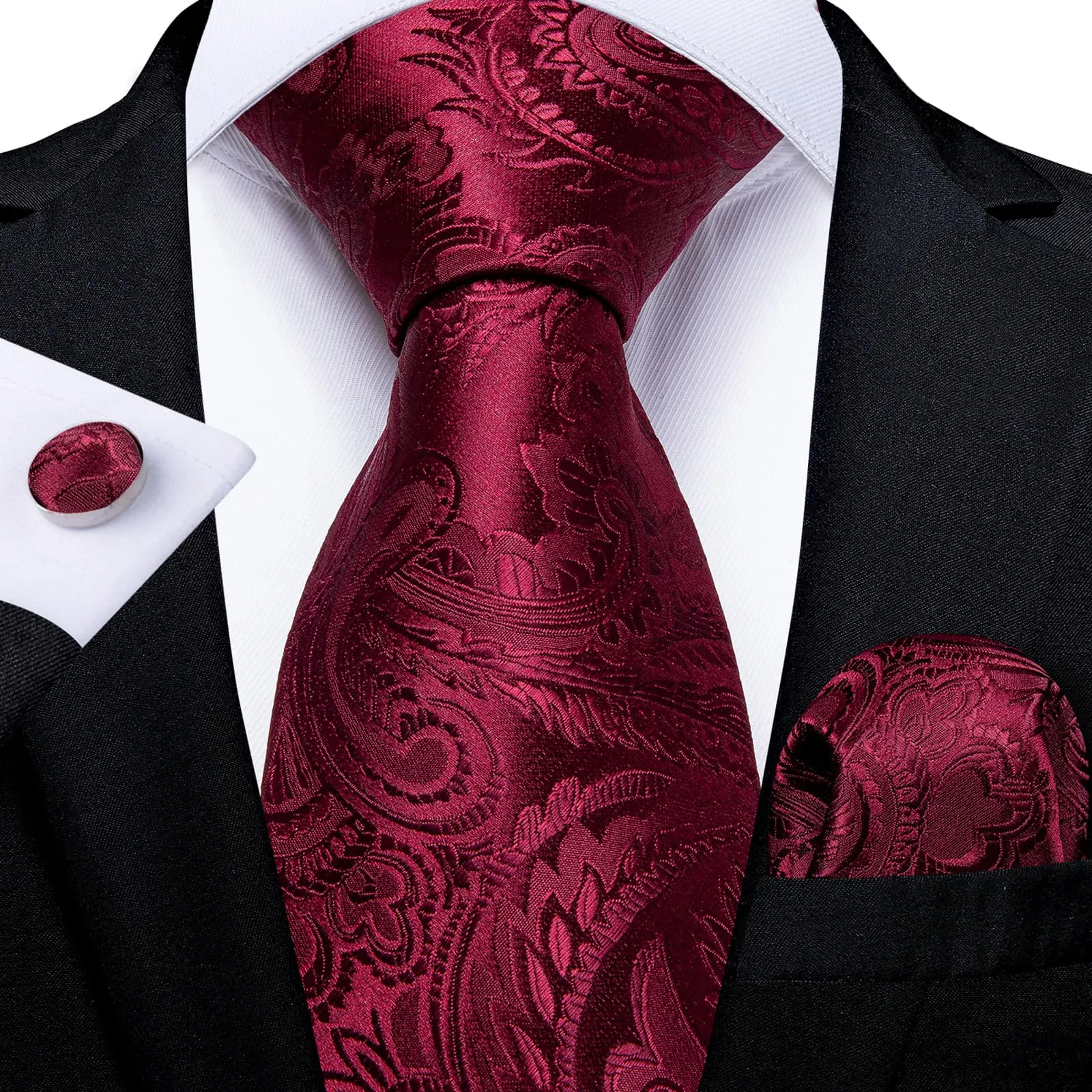 Black Collar Red Paisley Jacquard V Neck Men's Vest Hanky Cufflinks Tie Set