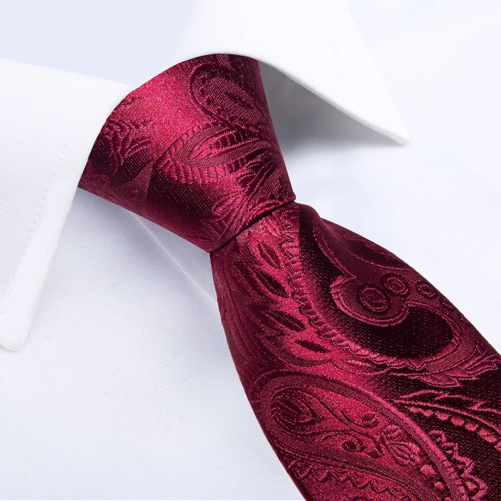 Black Collar Red Paisley Jacquard V Neck Men's Vest Hanky Cufflinks Tie Set