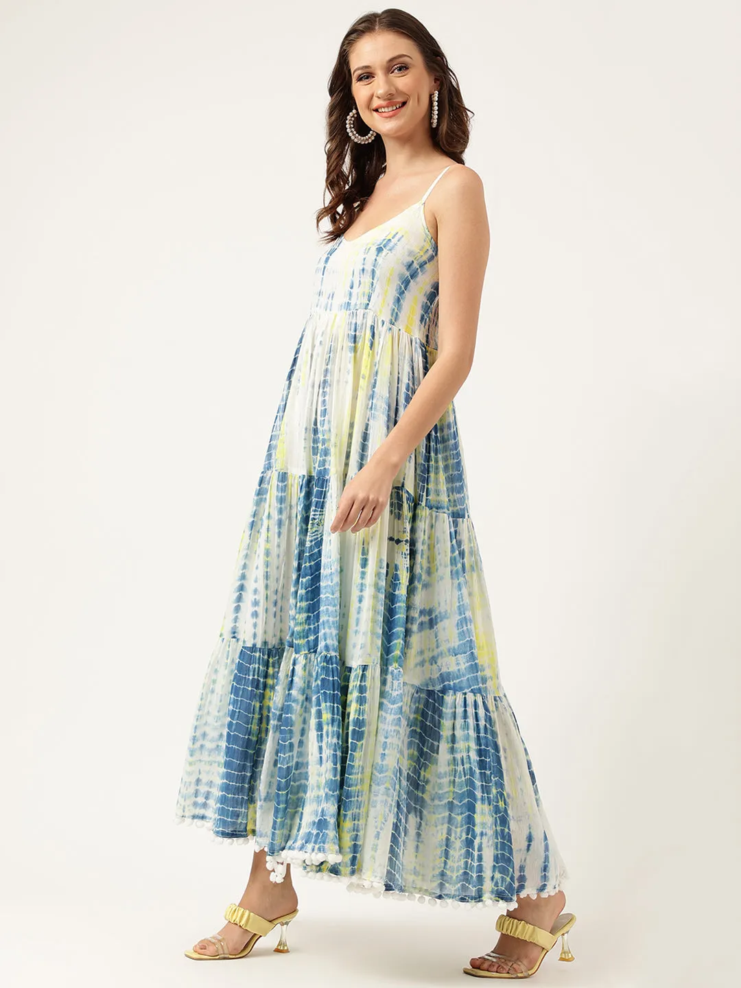 Blue Tie And Dye Dyed With Pom-Pom Detail Maxi Dress
