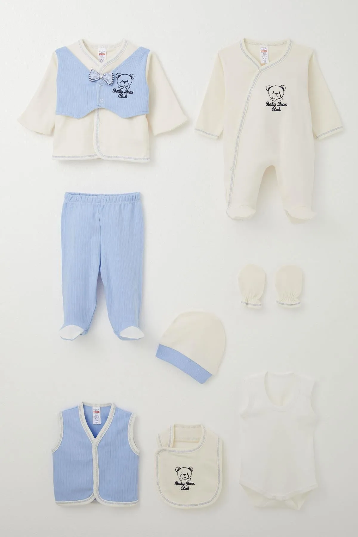 BRE Breeze Baby Boy Hospital Outfit 8 Piece Fixed Bow Tie Vest 0-3 Months, Ecru - Anzio