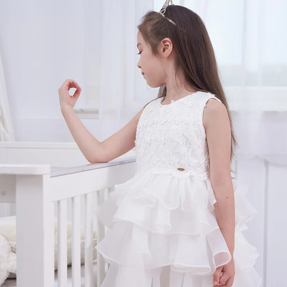 Bride Flower Girl Dress Multi-layered Lace White