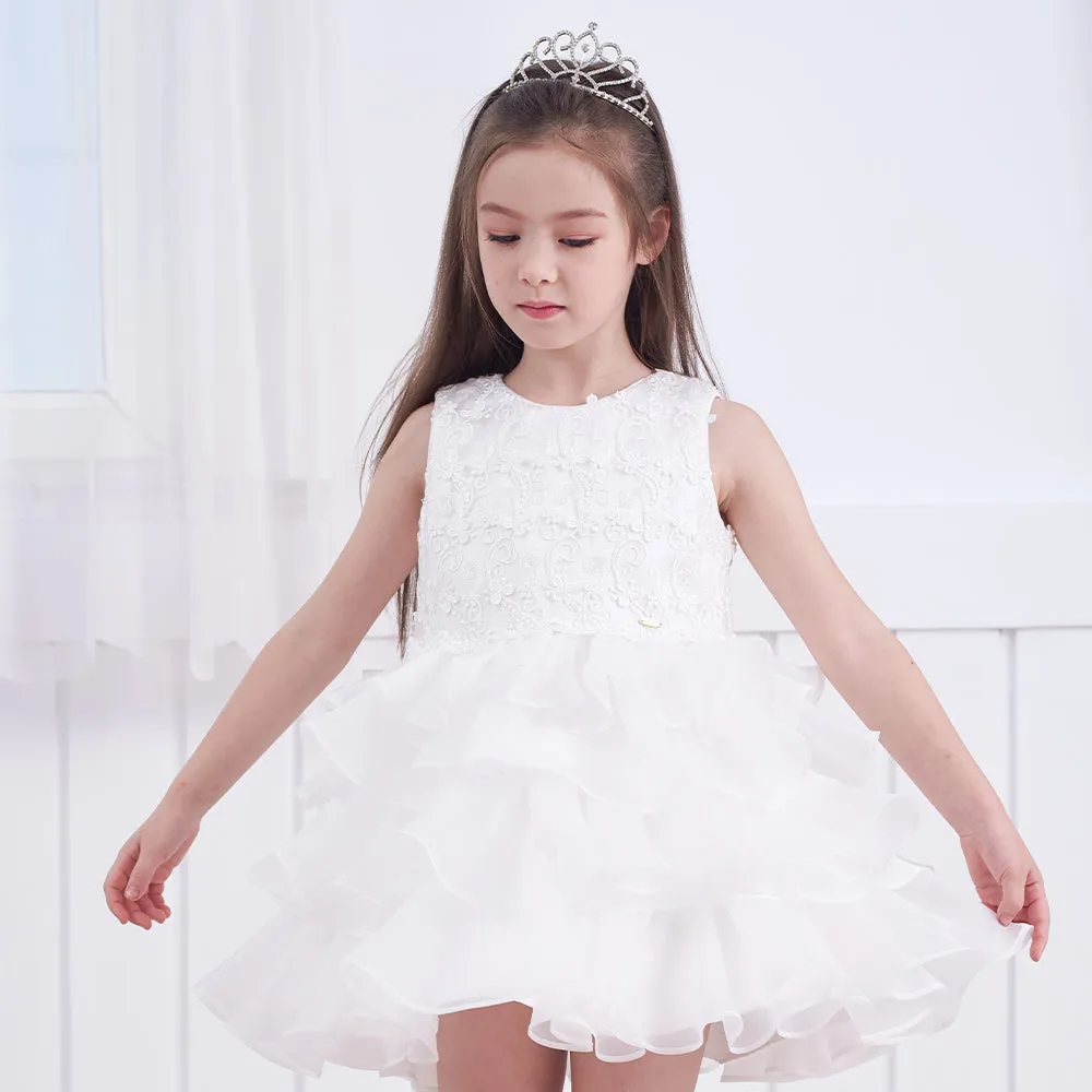Bride Flower Girl Dress Multi-layered Lace White