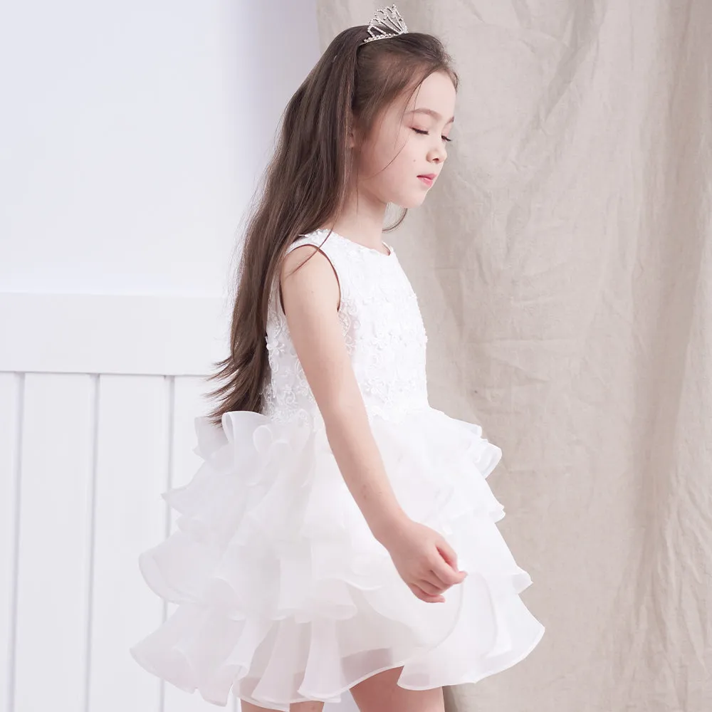 Bride Flower Girl Dress Multi-layered Lace White