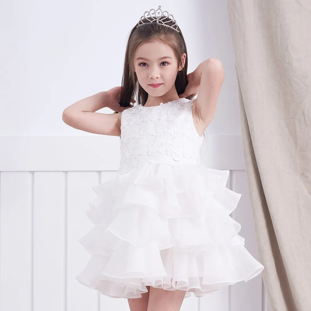Bride Flower Girl Dress Multi-layered Lace White