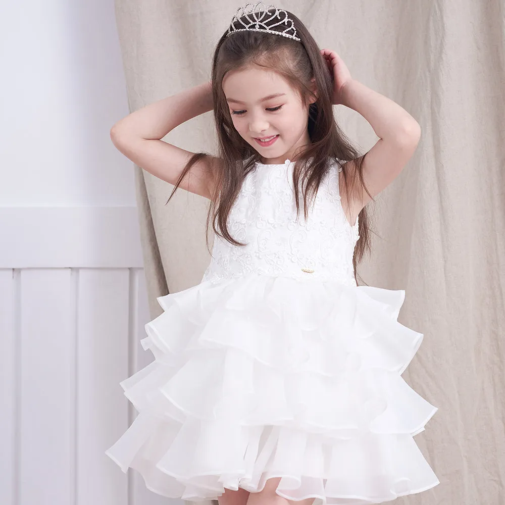 Bride Flower Girl Dress Multi-layered Lace White