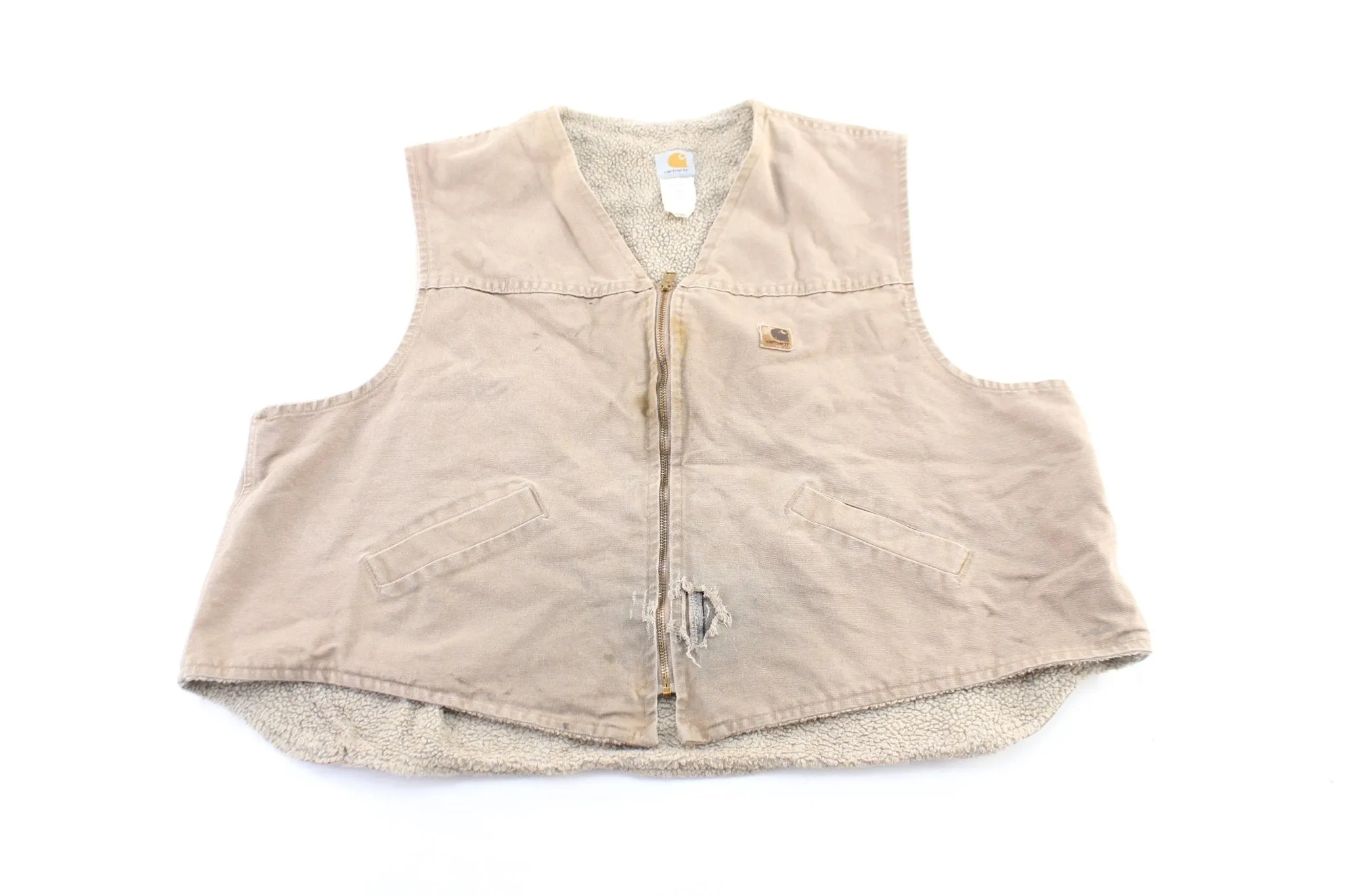 Carhartt Logo Patch Light Beige Sherpa Lined Zip Up Vest