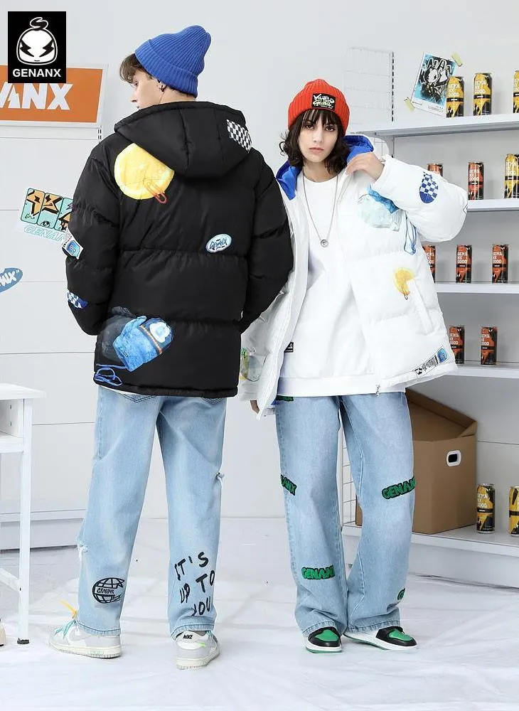 Checkerboard Gloves Print Padded Coat