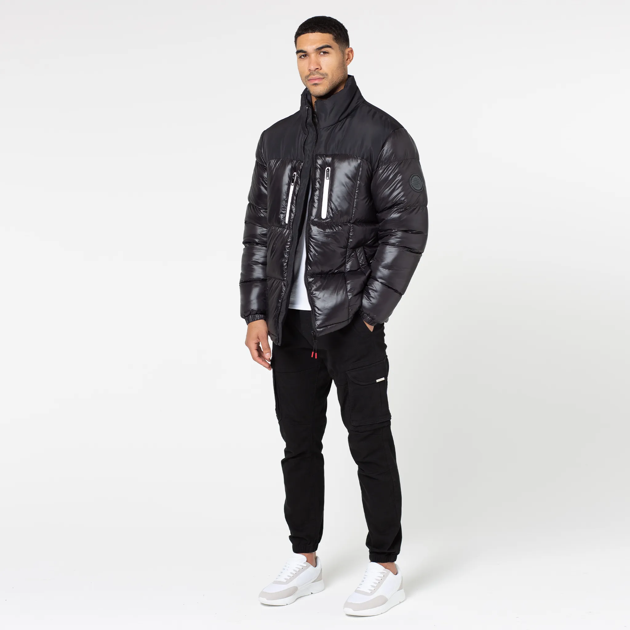 Contrast Zipped Funnel Neck Puffer Jacket | Black Shine