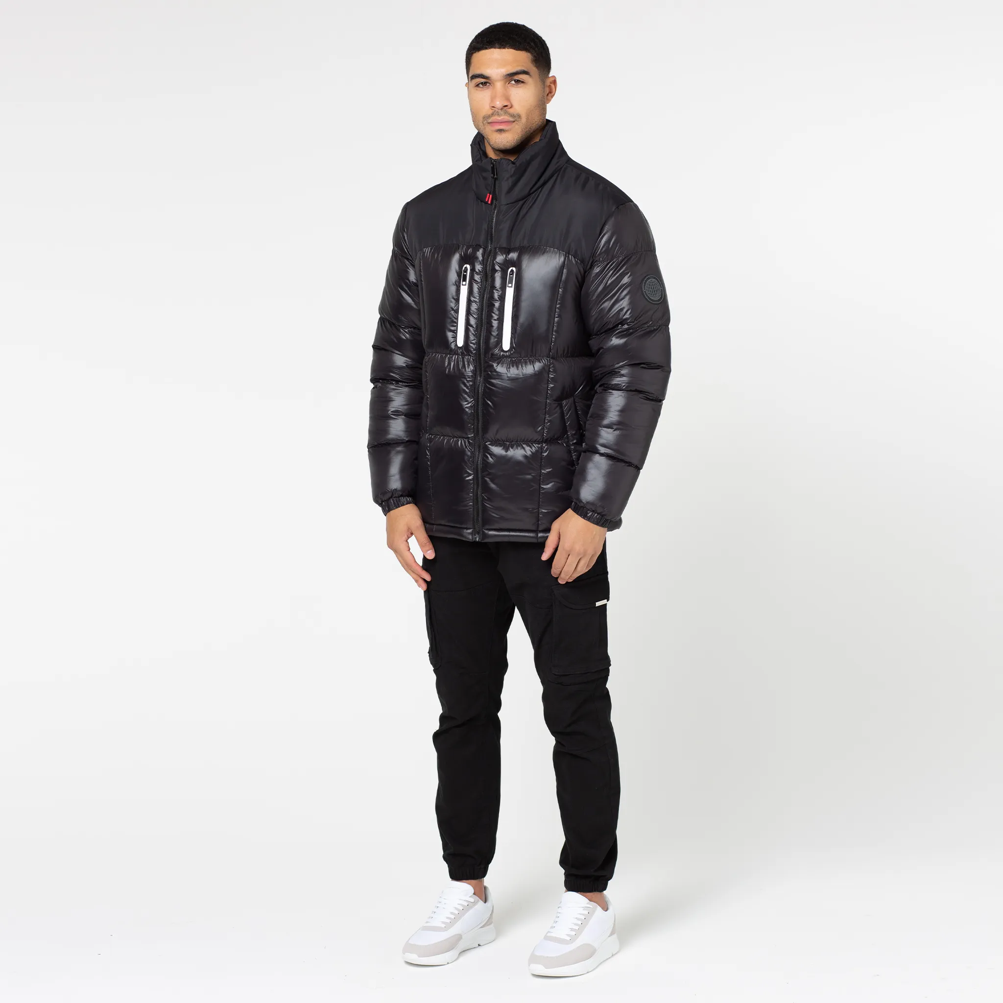 Contrast Zipped Funnel Neck Puffer Jacket | Black Shine