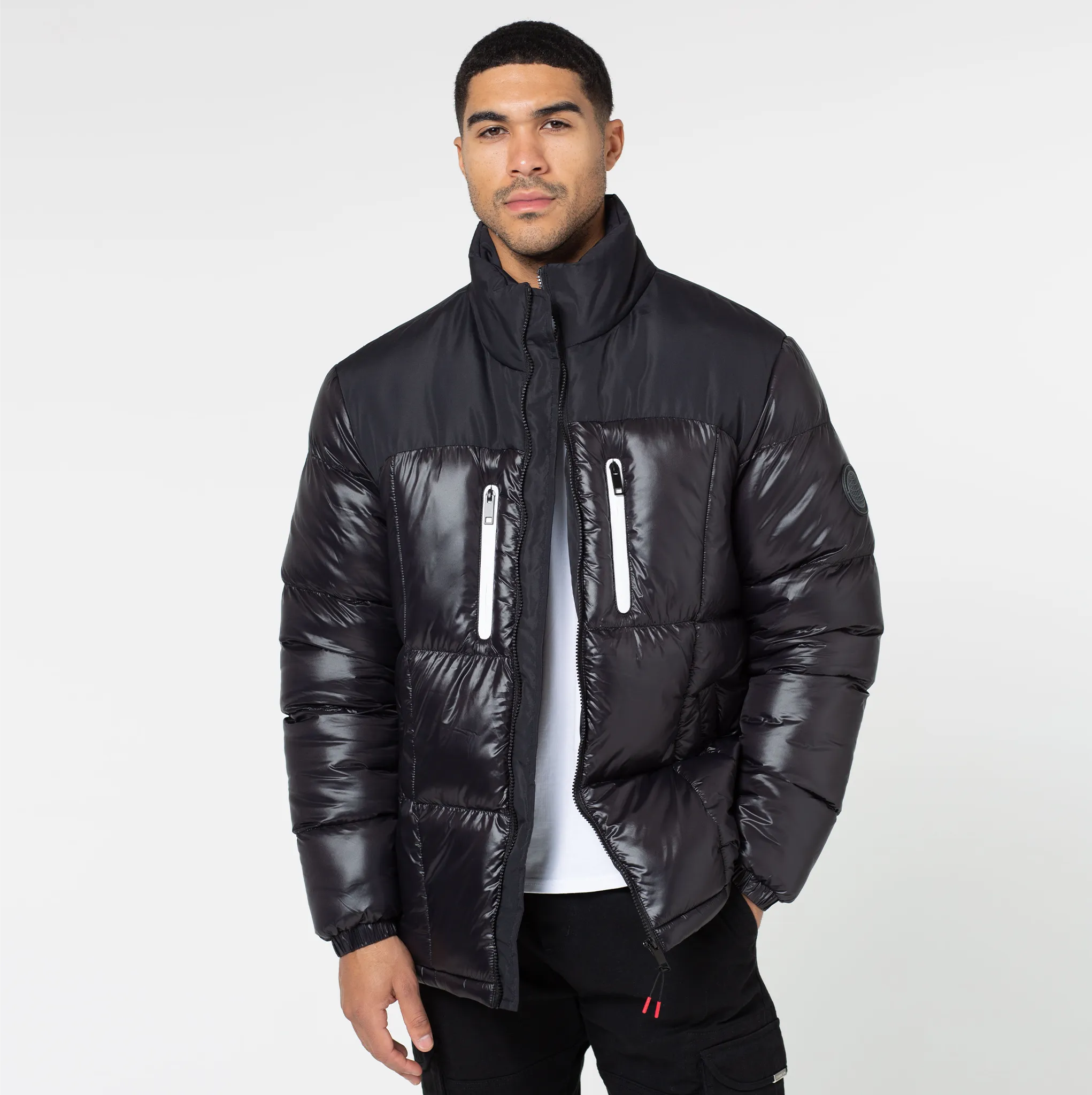 Contrast Zipped Funnel Neck Puffer Jacket | Black Shine