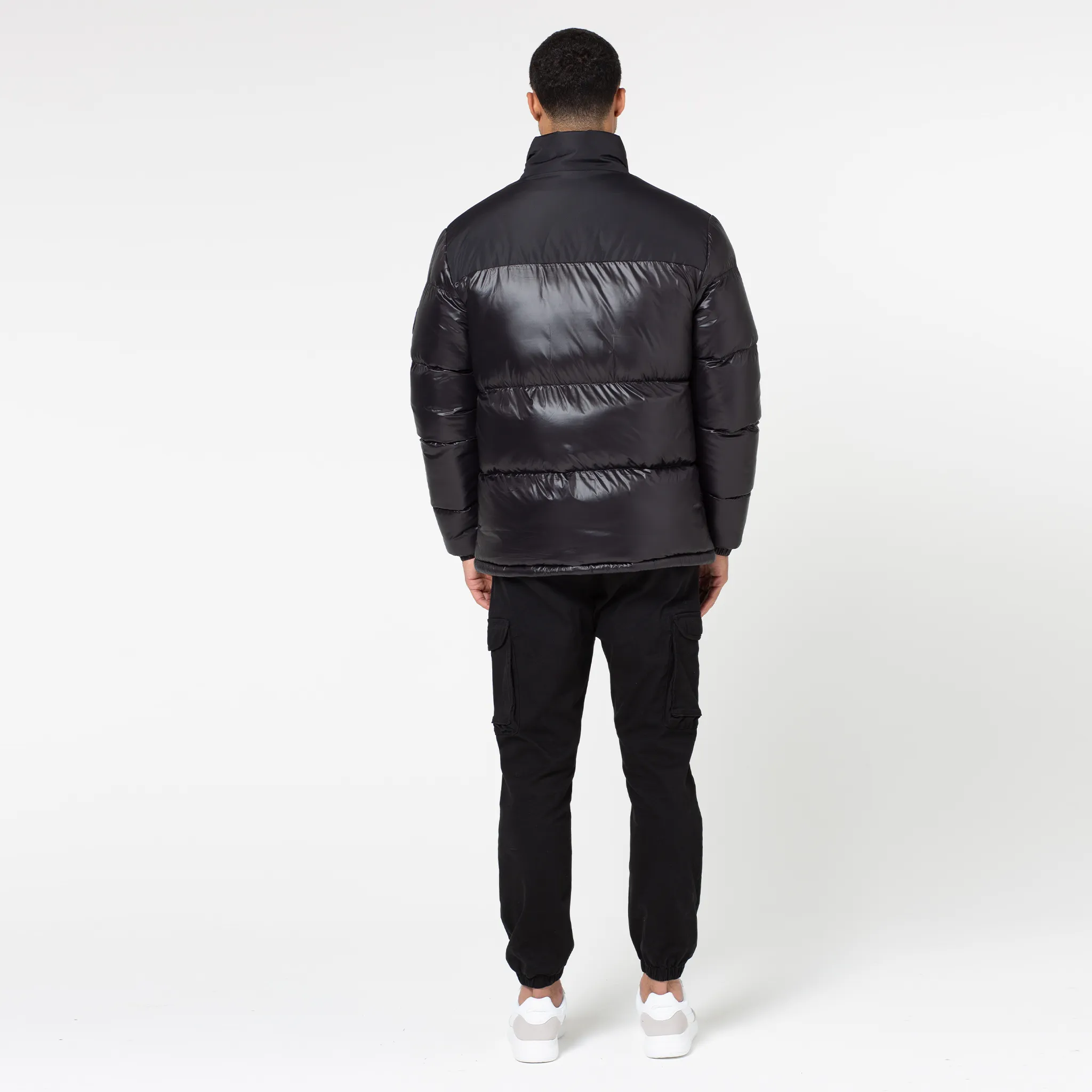 Contrast Zipped Funnel Neck Puffer Jacket | Black Shine