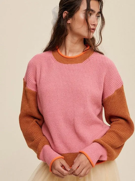 Crafted in PInk Ribbed Knit Color Block Sweater