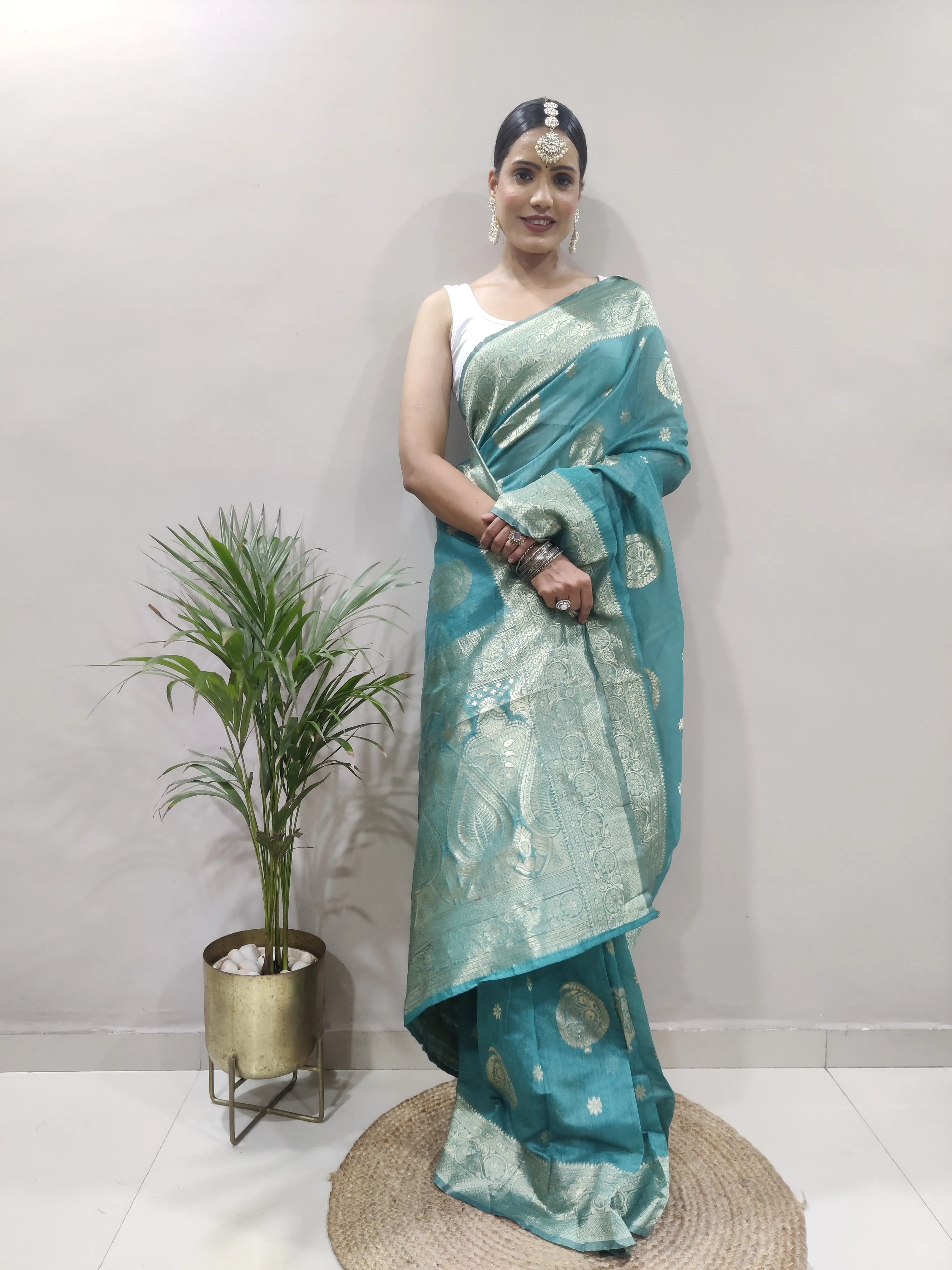 Dalliance 1-Minute Ready To Wear Sea Green Cotton Silk Saree