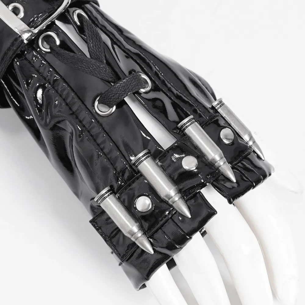 Edgy Black Lace Up Fingerless Gloves with Buckles