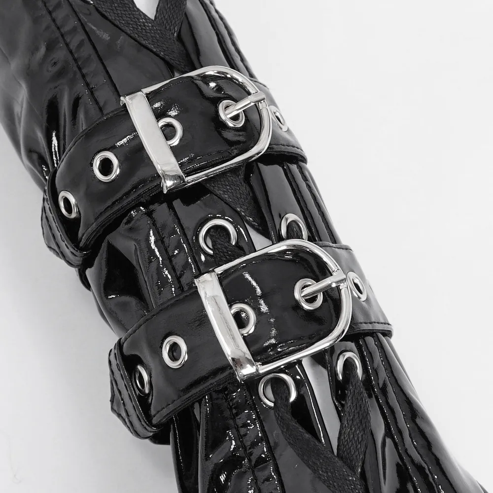 Edgy Black Lace Up Fingerless Gloves with Buckles