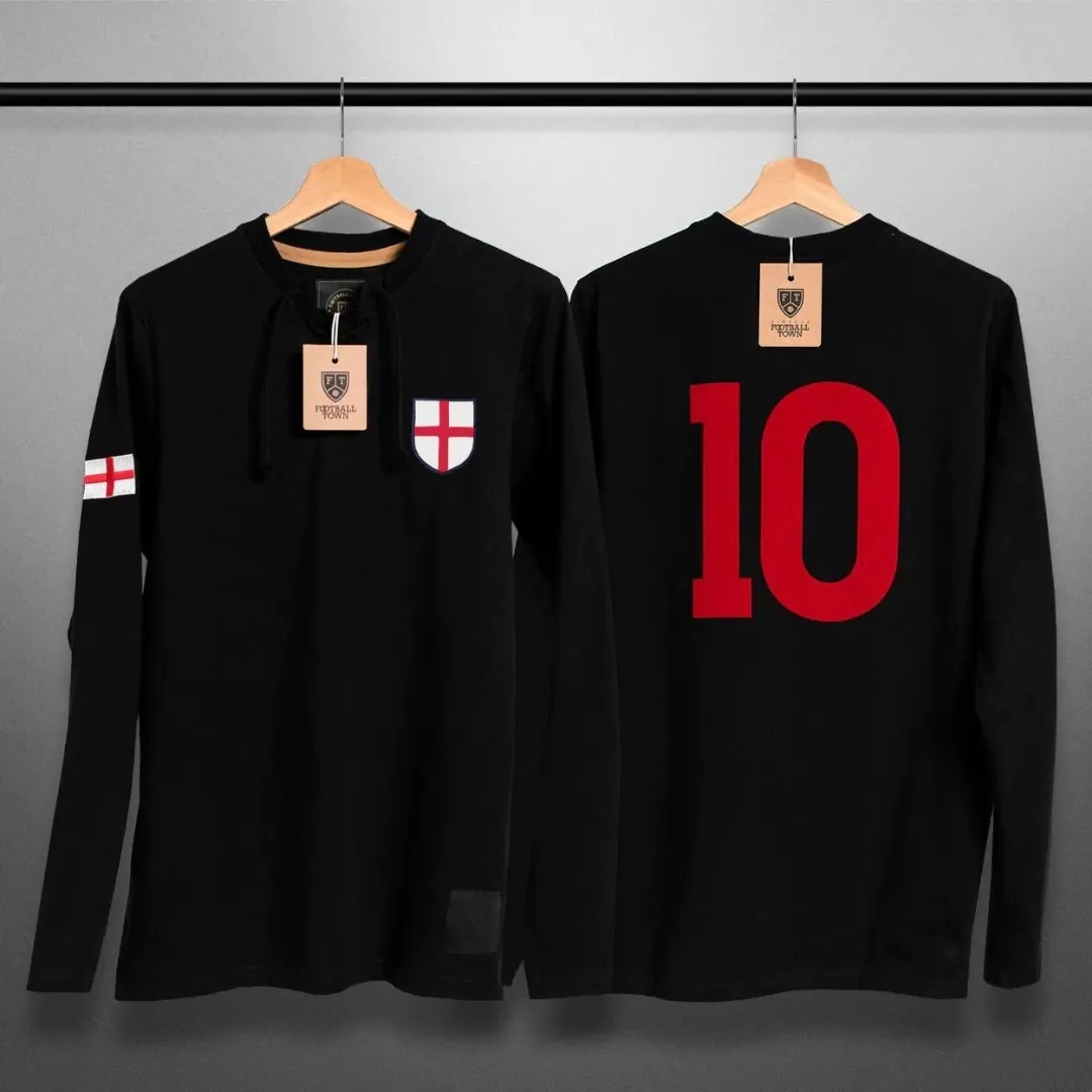 England Soccer-Inspired Retro with Laces Long Sleeve Shirt (Black)