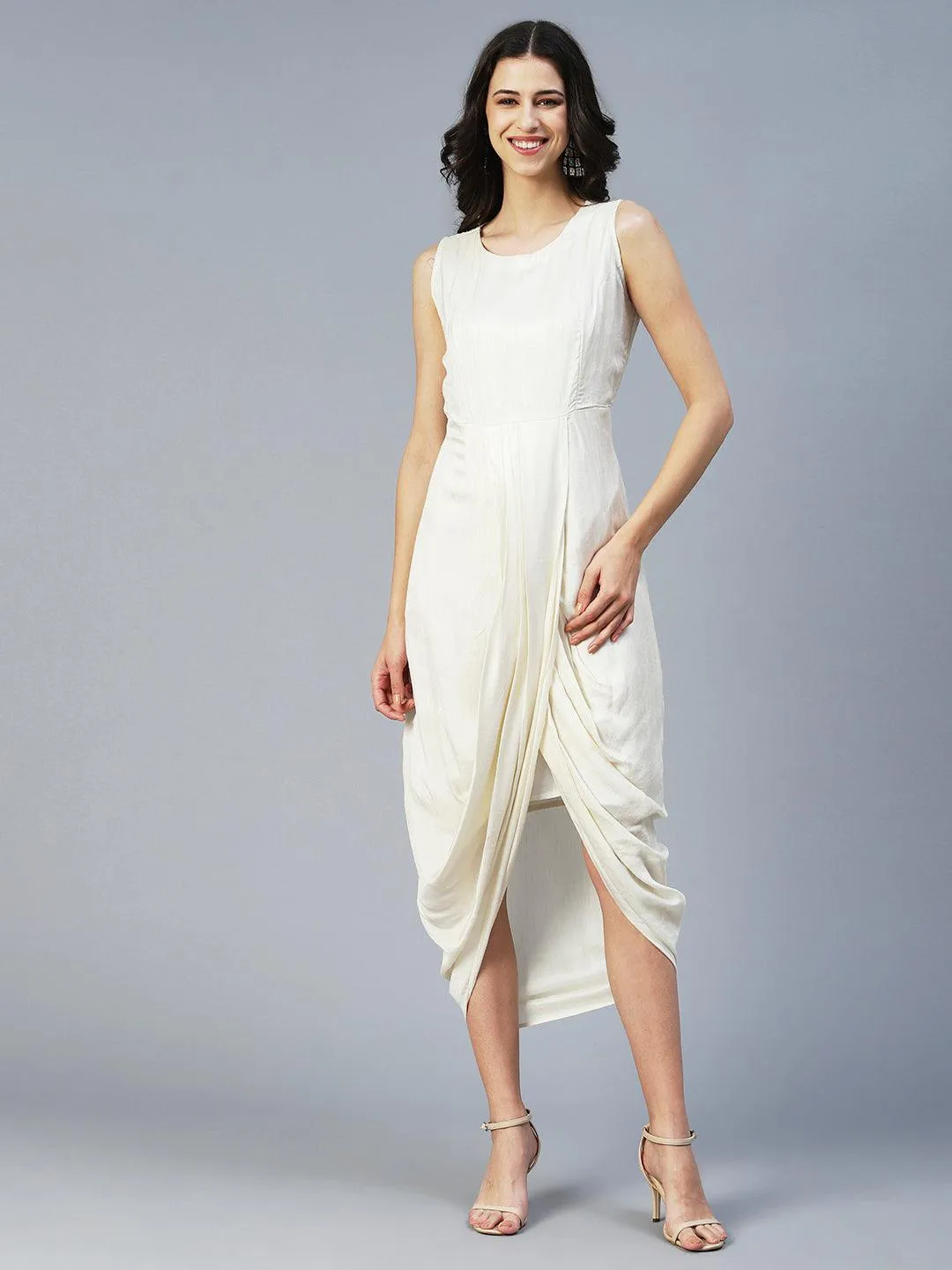 Ethnic Cowl Maxi Dress with Floral Embroidered Short Jacket - Off White
