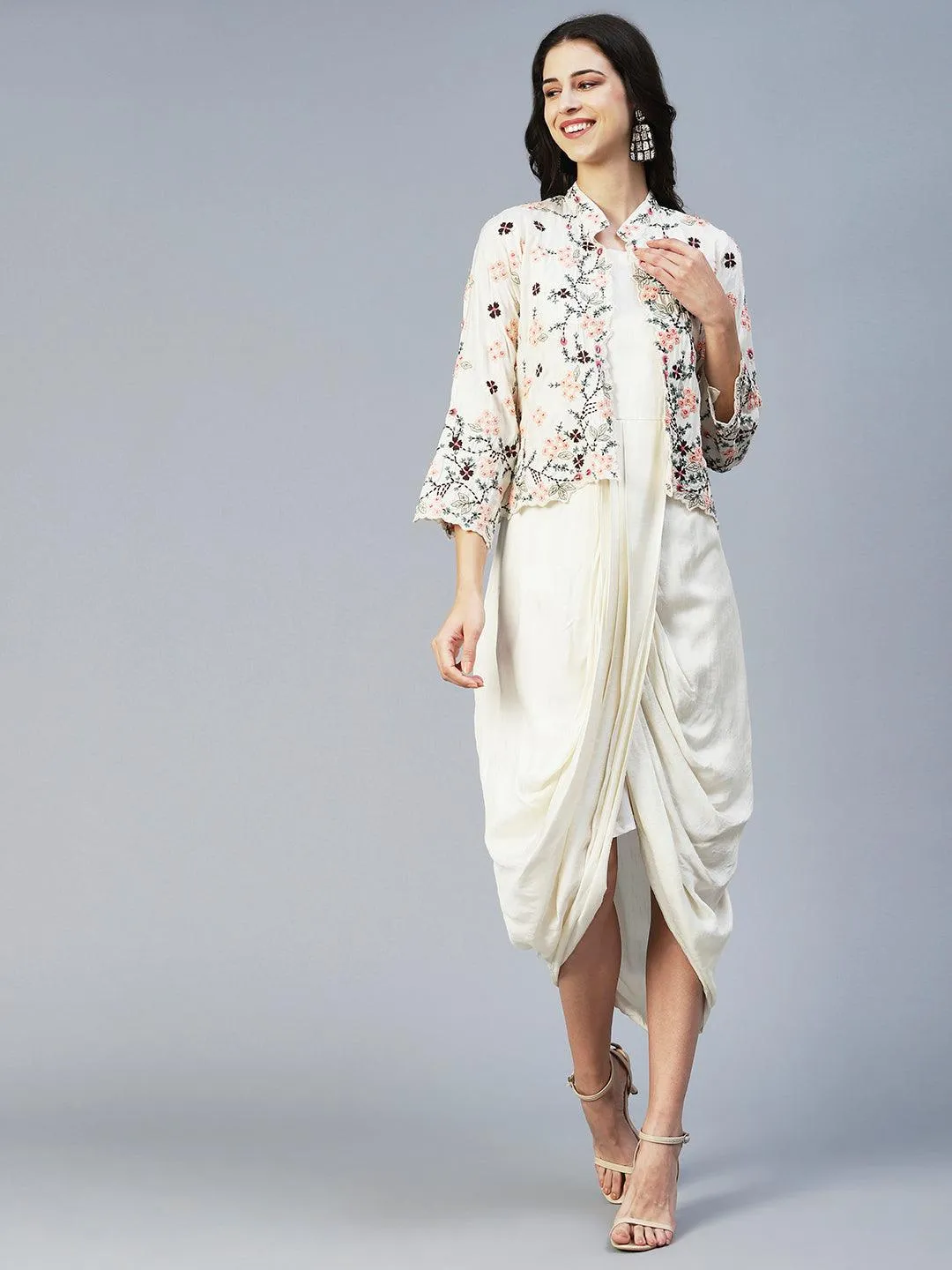Ethnic Cowl Maxi Dress with Floral Embroidered Short Jacket - Off White