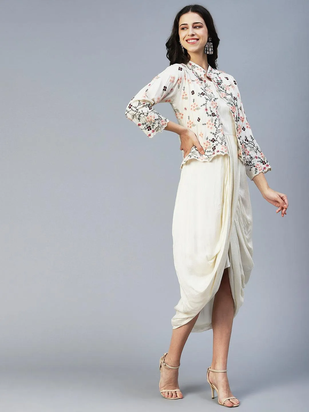 Ethnic Cowl Maxi Dress with Floral Embroidered Short Jacket - Off White