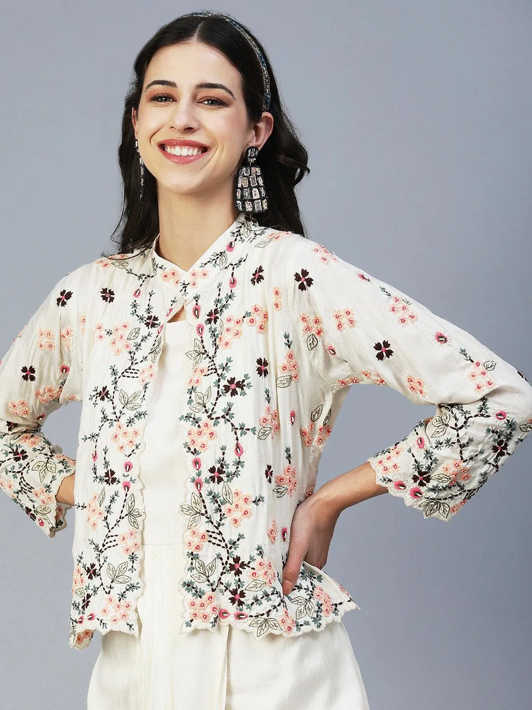 Ethnic Cowl Maxi Dress with Floral Embroidered Short Jacket - Off White