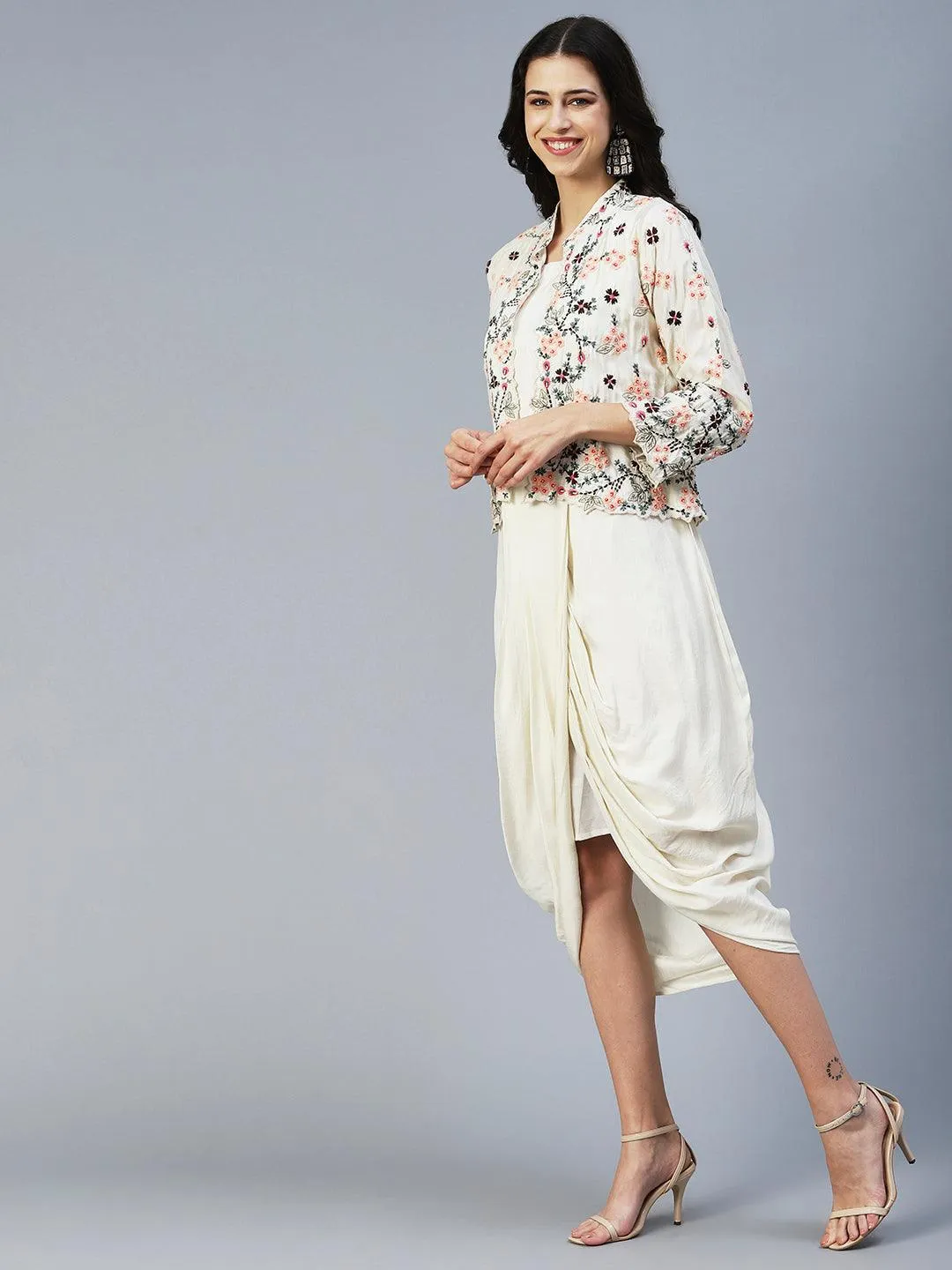 Ethnic Cowl Maxi Dress with Floral Embroidered Short Jacket - Off White