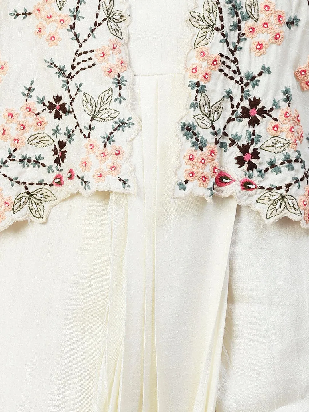 Ethnic Cowl Maxi Dress with Floral Embroidered Short Jacket - Off White