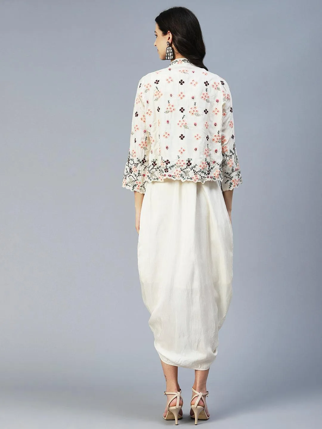 Ethnic Cowl Maxi Dress with Floral Embroidered Short Jacket - Off White