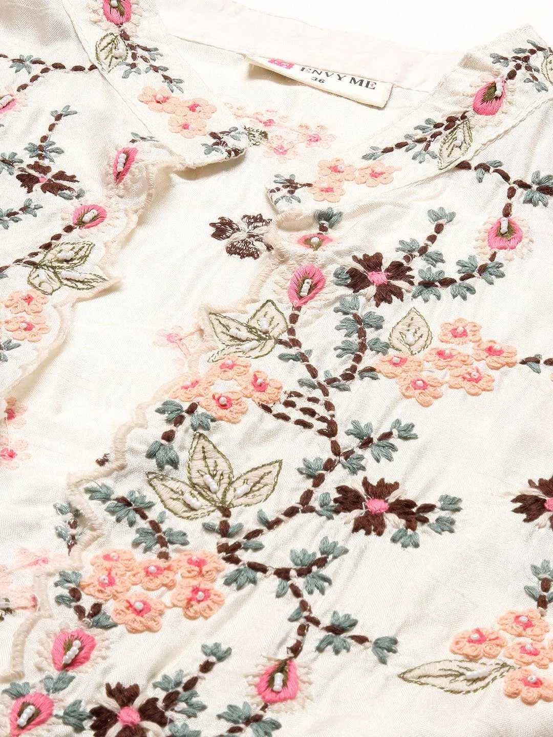 Ethnic Cowl Maxi Dress with Floral Embroidered Short Jacket - Off White