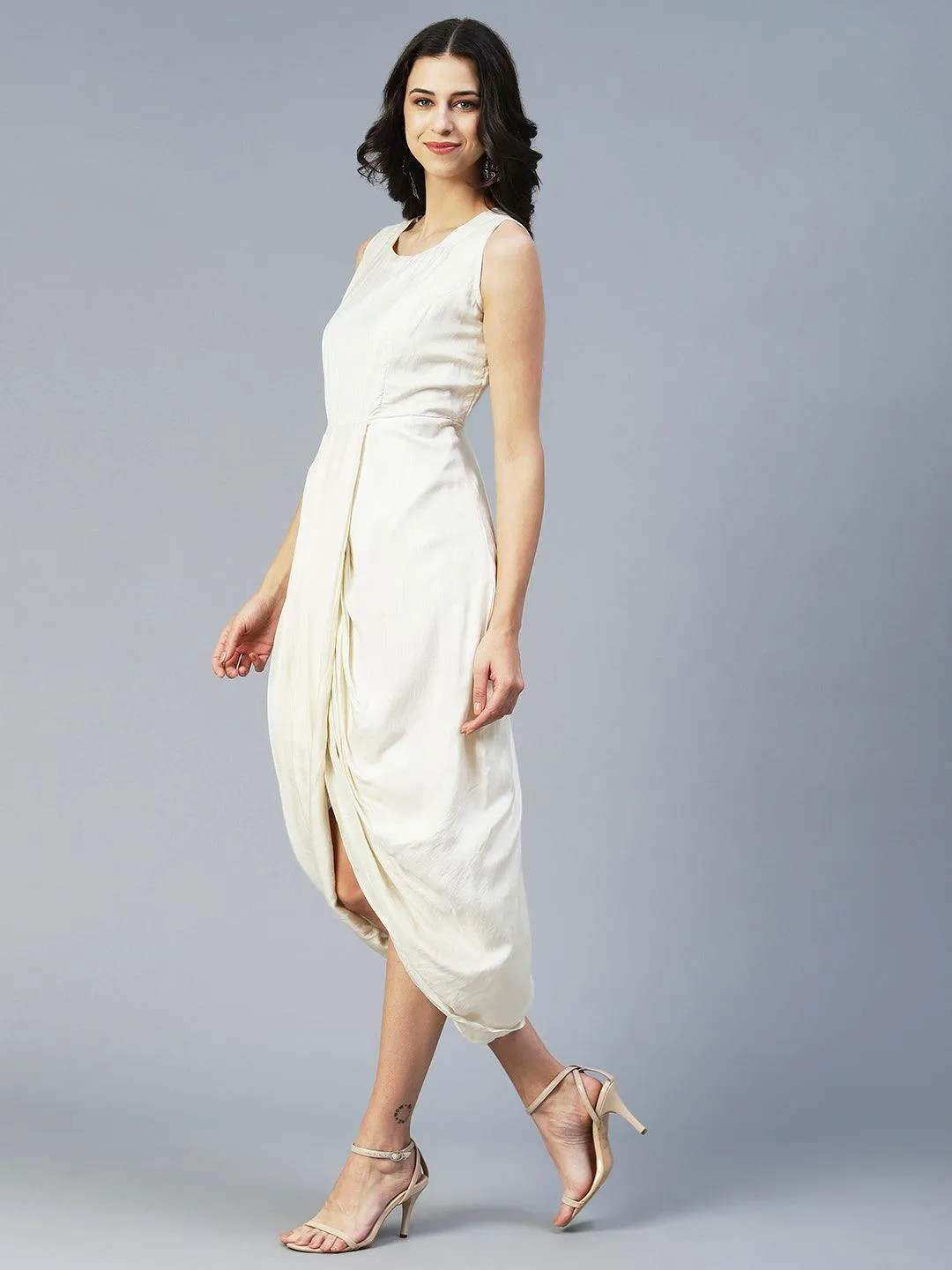 Ethnic Cowl Maxi Dress with Floral Embroidered Short Jacket - Off White