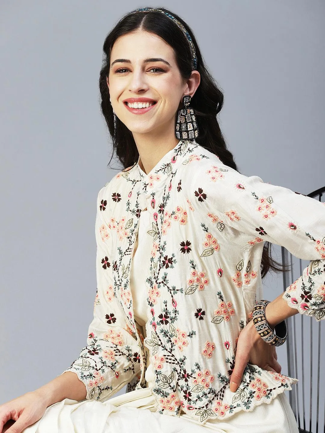 Ethnic Cowl Maxi Dress with Floral Embroidered Short Jacket - Off White