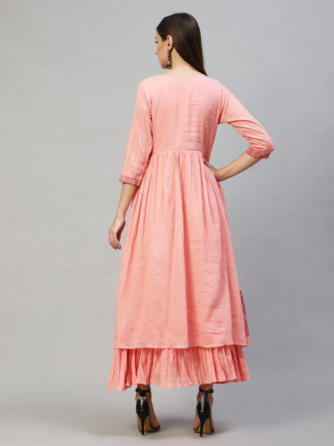 Ethnic Printed Tiered Flared Maxi Dress - Peach