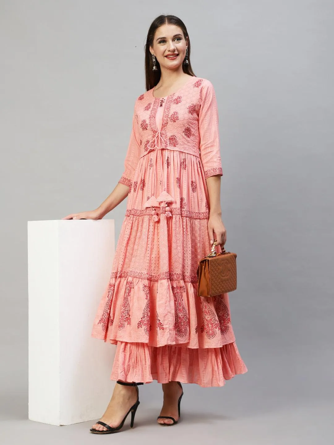 Ethnic Printed Tiered Flared Maxi Dress - Peach