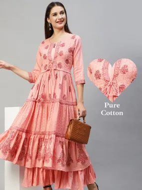 Ethnic Printed Tiered Flared Maxi Dress - Peach