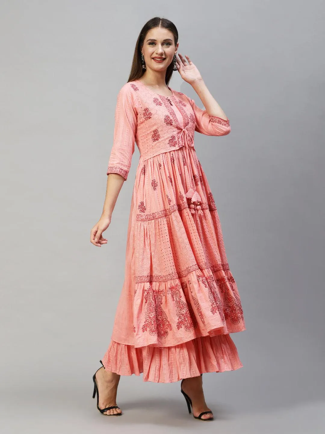 Ethnic Printed Tiered Flared Maxi Dress - Peach